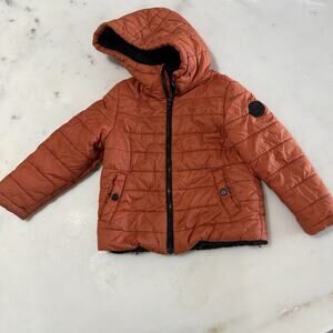 Michael Kors Girls Boys 4 Orange Hooded Puffer Jacket Zip Lined Pockets Winter